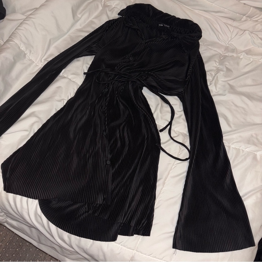 Black Bershka Bell Sleeve Button Up Dress